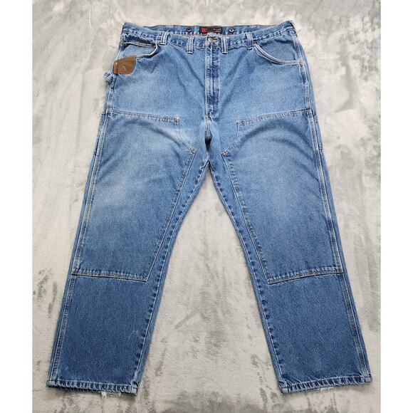 Vintage Wrangler Riggs Carpenter Jeans Mens 48x32 Blue Double Knee Workwear - Picture 1 of 12